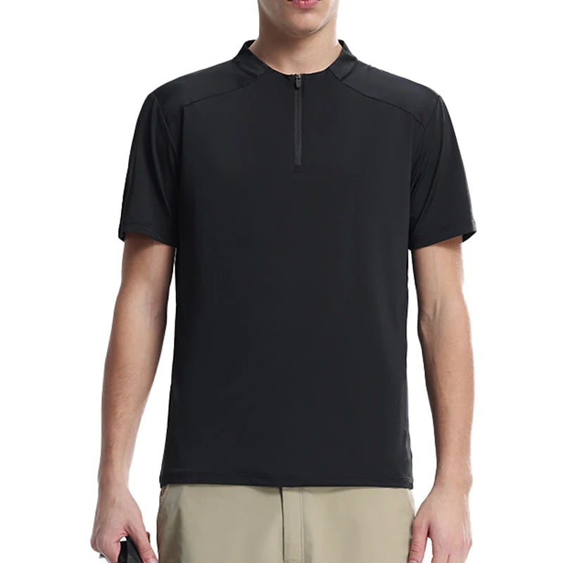 (M-4XL) camiseta de corrida de secagem rápida masculina gola meio zíper roupas de fitness masculina ajuste solto treinamento esportes mangas curtas