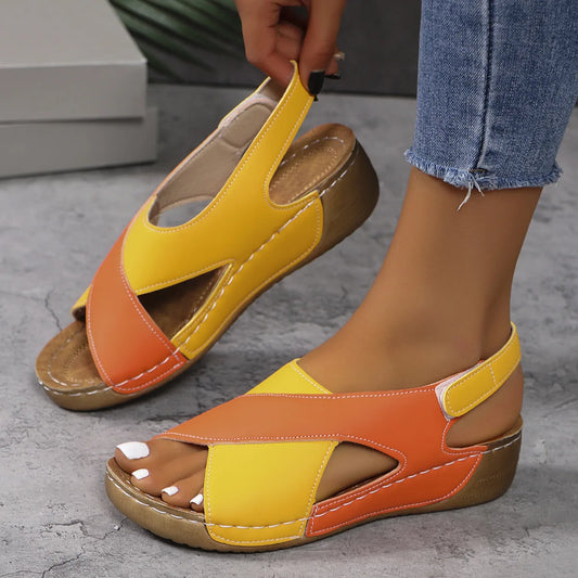Sandalias de cuña con punta abierta para mujer, zapatos de playa antideslizantes, con colores contrastantes, cómodas, con plataforma romana, para verano