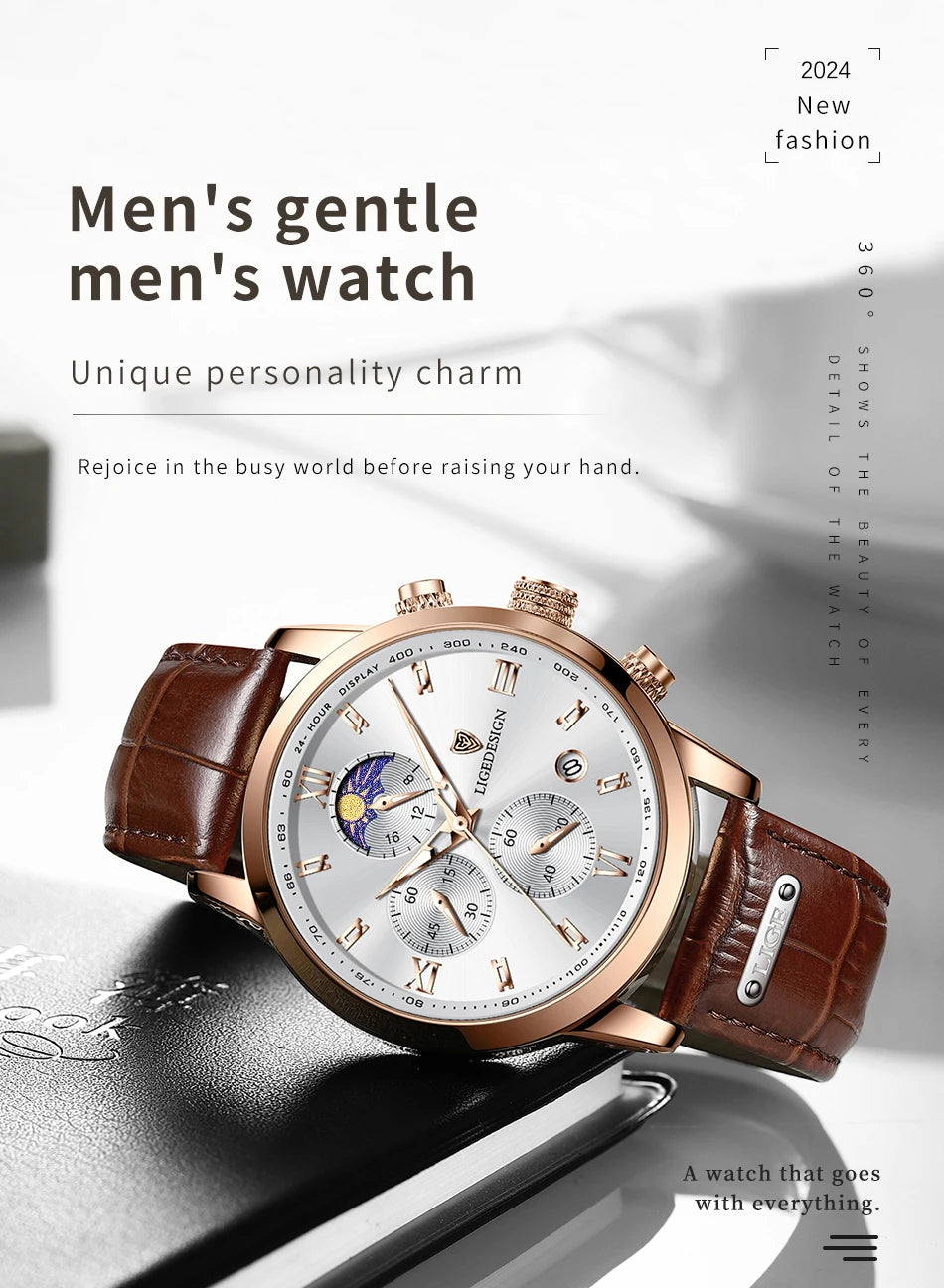 LIGE Casual Men Watch Luxury Leather Waterproof Sport Quartz Wristwatch Chronograph Military Watch for Men Relogio Masculino