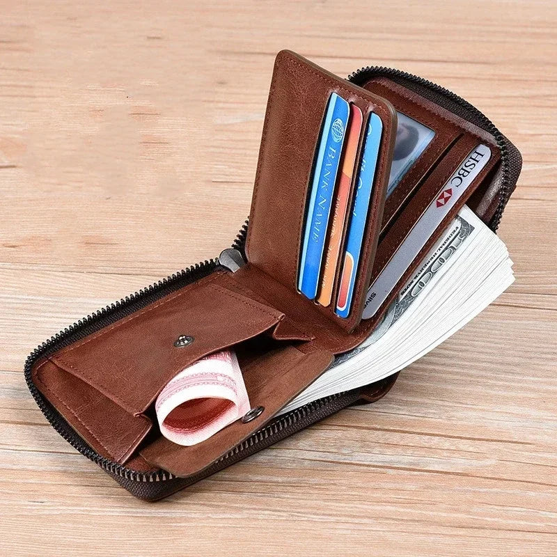 Genuine Leather Men's Wallet Luxury Short RFID Card Holder for Men Zipper Coin Purse Portable Male Wallets Billfold