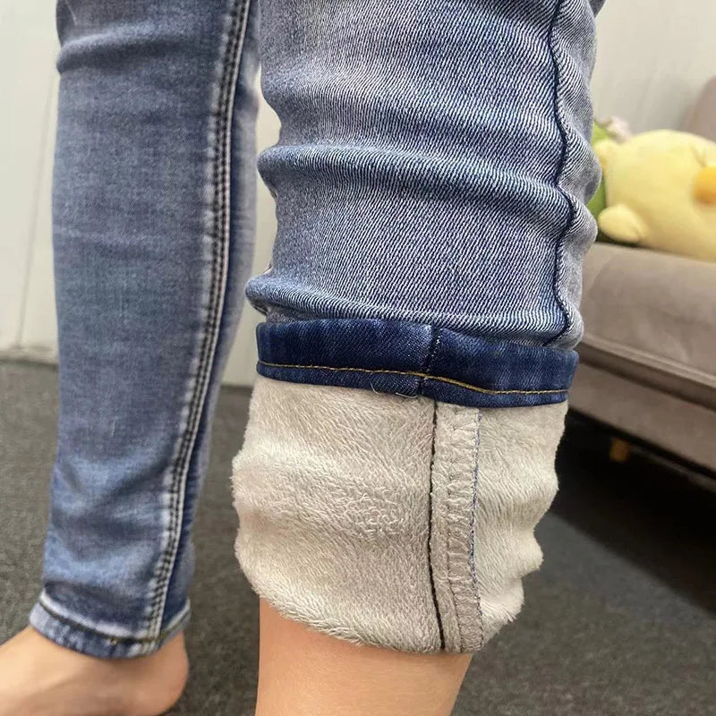 Women's Thermal Jeans Winter Snow Warm Plush Stretch Jeans Lady Skinny Thick Fleece Denim Long Pants Retro Blue Pencil Trousers