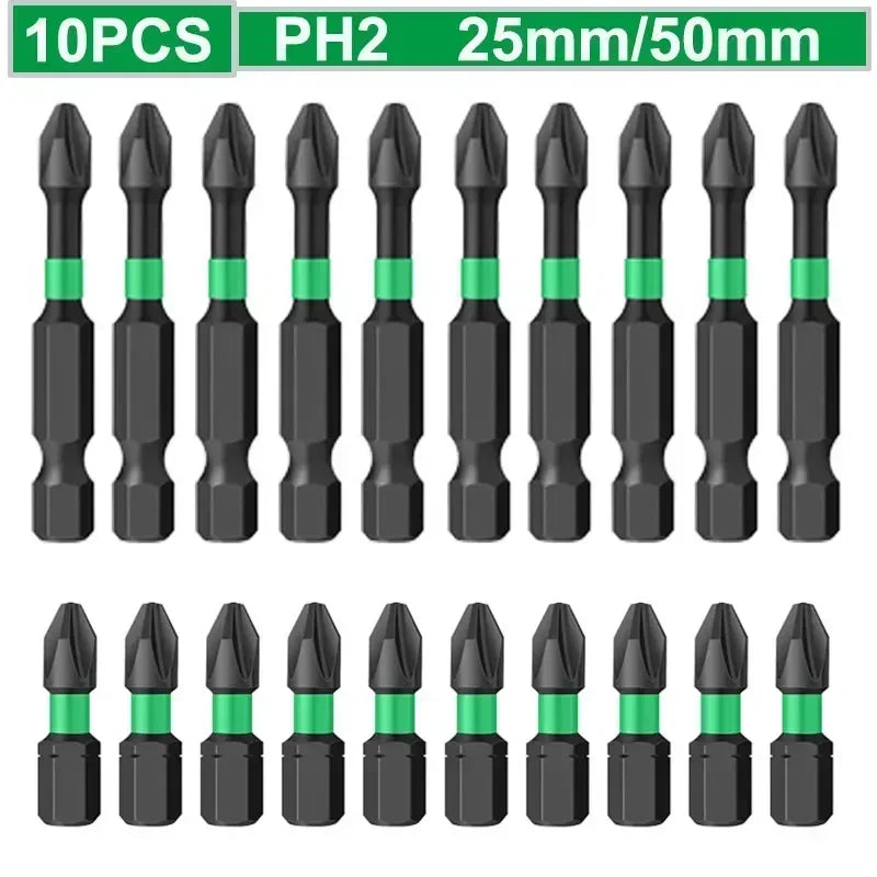 PH2 10Pcs Phillips Bits Hex Shanked Precision Screwdriver Set Bits for Drill Single Head Professional Work Tools 25/50mm