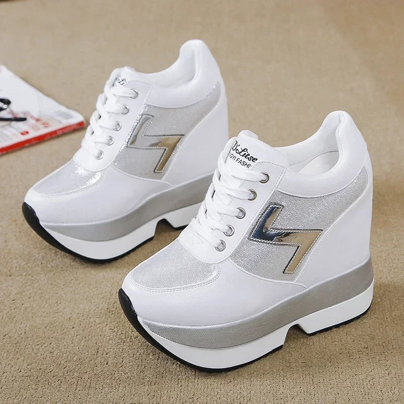 Fashion White Sneakers Women's High Platform Casual Shoes Height Increasing Leather Shoes 10 CM Thick Sole Trainers Tennis Sports