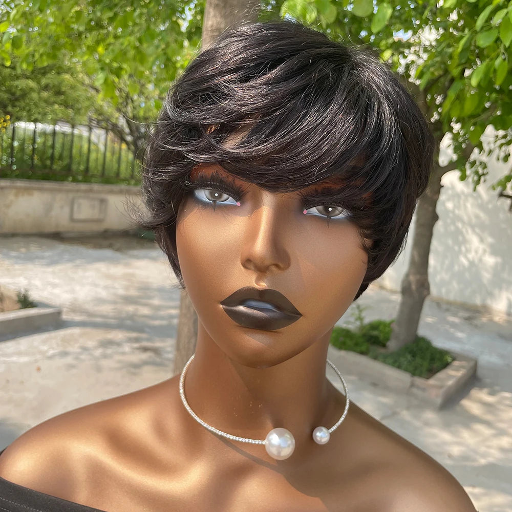 Short Pixie Cut Human Hair Wig for Black Women, Machine-Made Wigs with Bangs, Short Human Hair Wigs