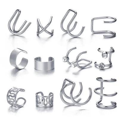 Silver Color Leaves Clip Earrings for Women Men Creative Simple C Ear Cuff Non-Piercing Ear Ear Clip Set Trend Jewelry Gift