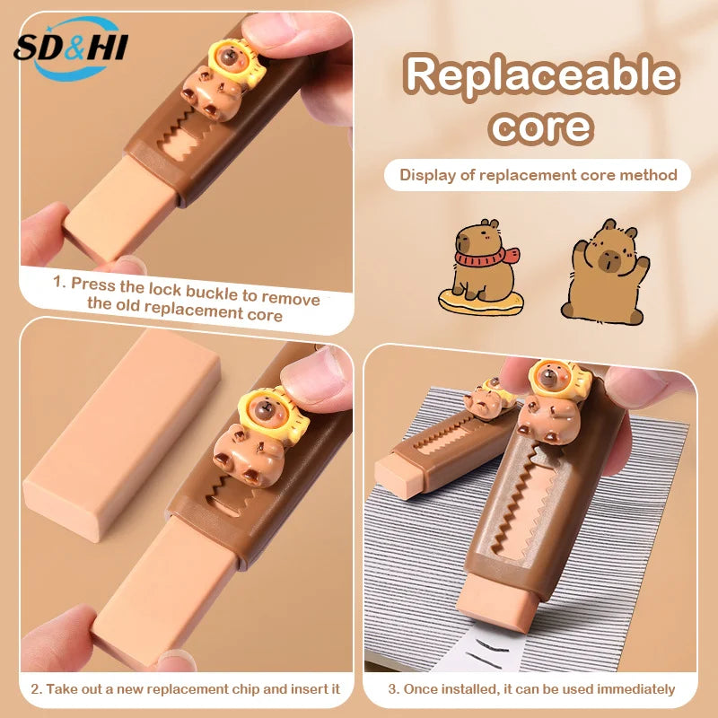 Kawaii Push Pull Capybara Eraser Soft School Supplies Clean Mess Free Stationary Office Student Rubber Eraser For Kids Gift