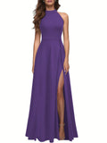 Solid Color High Neck Side Slit Long Evening Gown for Women - Slimming Elegant Formal Dress for Banquets and Parties