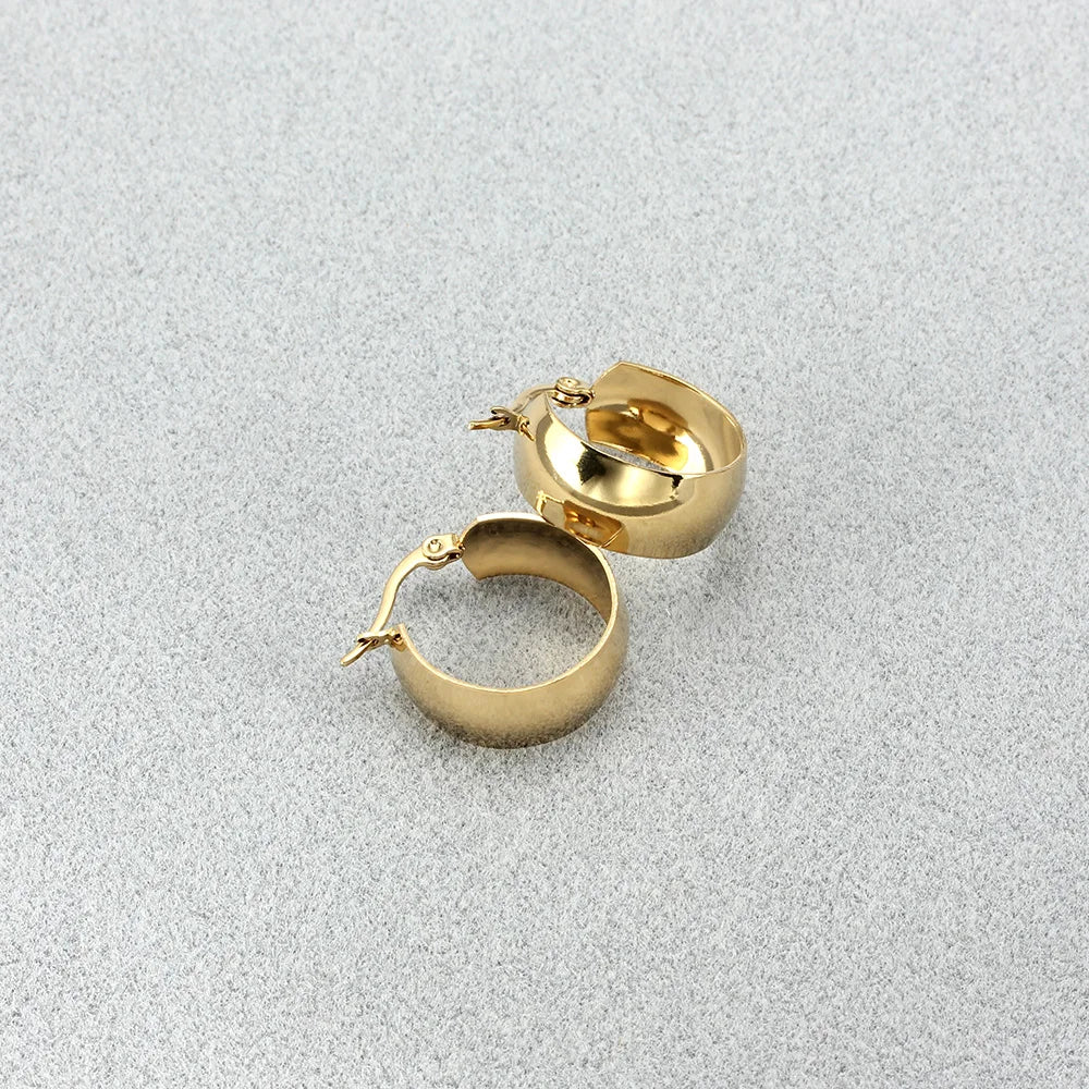 Stainless Steel Earrings for Women, Simple Plain Round Earrings, Gold Color, Wide Fashion Jewelry, Party Gift, 21mm, 31mm, 39mm Width