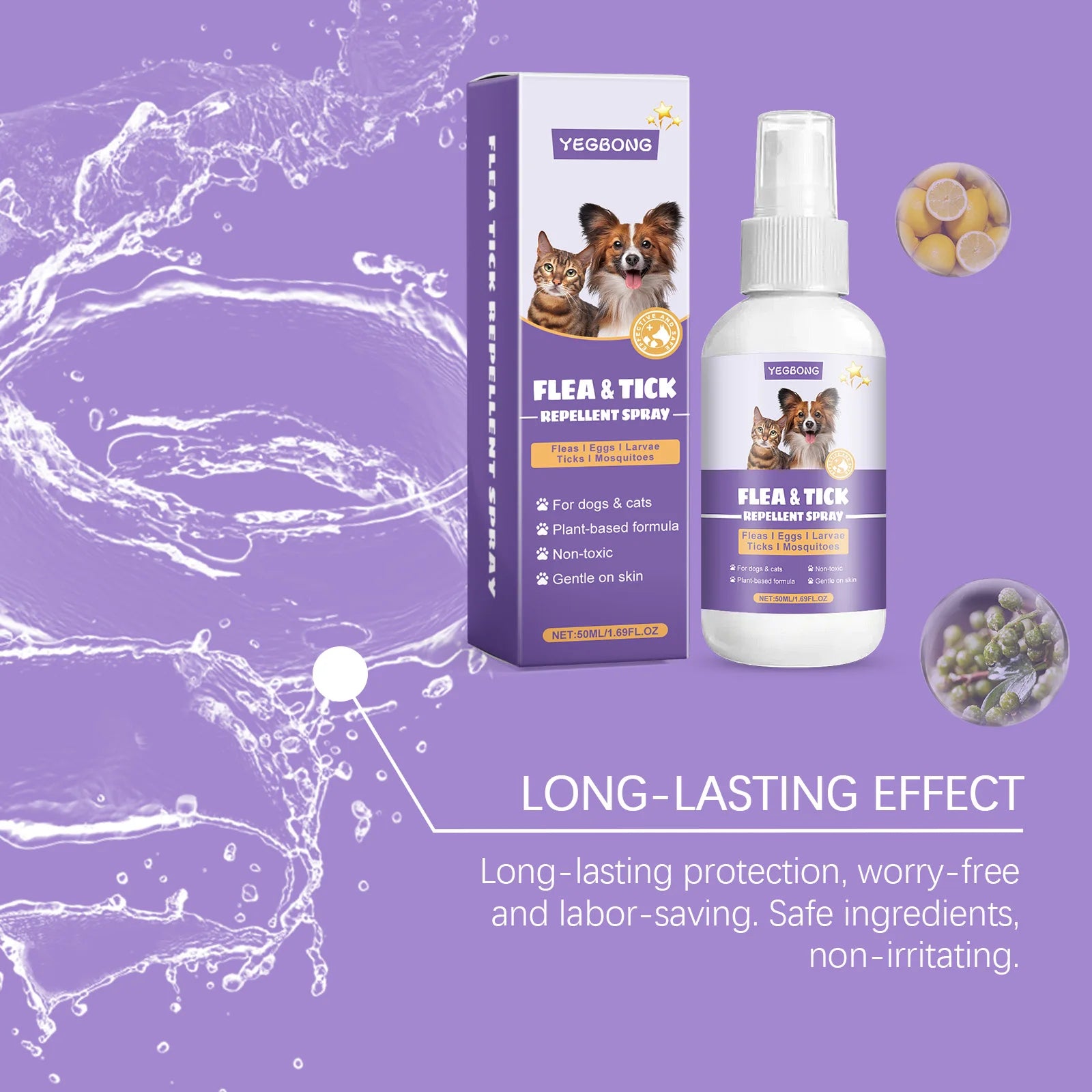 YEGBONG 50ml Flea Tick Prevention Spray for Dogs and Cats Fast-Acting Waterproof Outdoor Protection with Natural Essential Oils