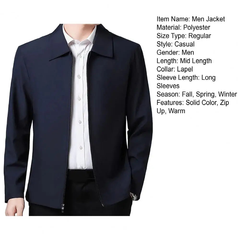 Chaqueta elegante para hombre de mediana edad con solapa y bolsillos con cierre de cremallera para negocios formales o ropa informal en primavera y otoño.