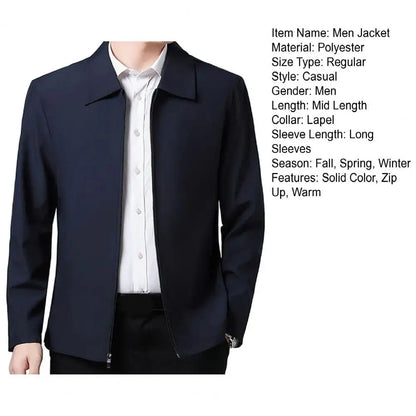 Chaqueta elegante para hombre de mediana edad con solapa y bolsillos con cierre de cremallera para negocios formales o ropa informal en primavera y otoño.