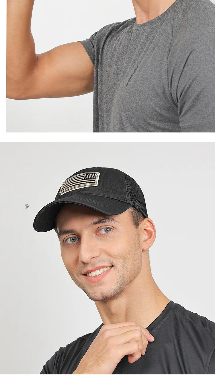 Black Mesh - Backed Baseball Cap with American Flag Patch - Stylish and Patriotic Accessory