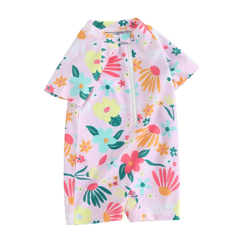 Traje de baño para niñas pequeñas, con protección contra erupciones, con cremallera, manga corta, estampado floral, para bebés