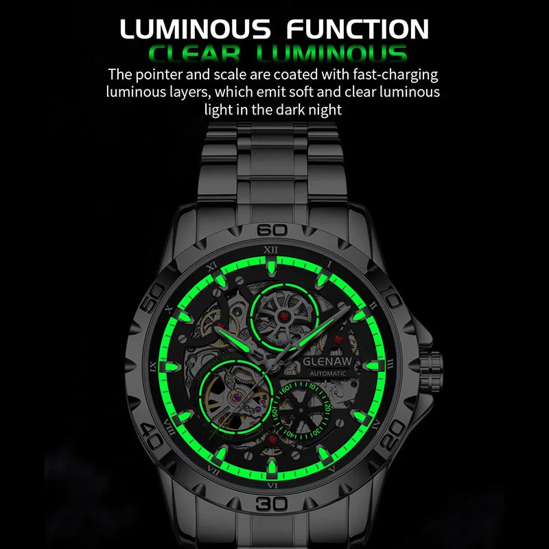 GLENAW Steampunk Skeleton - Reloj para hombre, anillo, relojes mecánicos automáticos de lujo, luminosos, resistentes al agua, correa de acero inoxidable