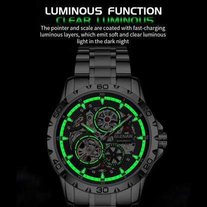 GLENAW Steampunk Skeleton - Reloj para hombre, anillo, relojes mecánicos automáticos de lujo, luminosos, resistentes al agua, correa de acero inoxidable