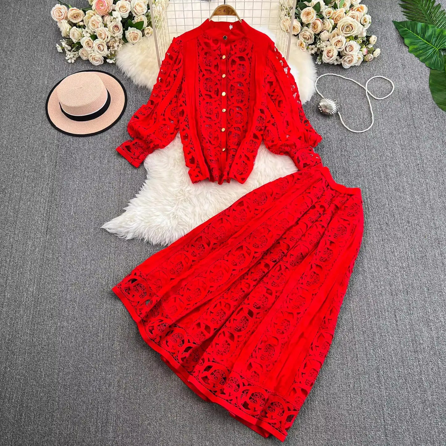 Autumn Crochet White Lace Embroidery 3 Pieces Sets Women Dress Suits Hollow Out Loose Shirt Top Elastic Waist Maxi Skirt Suit