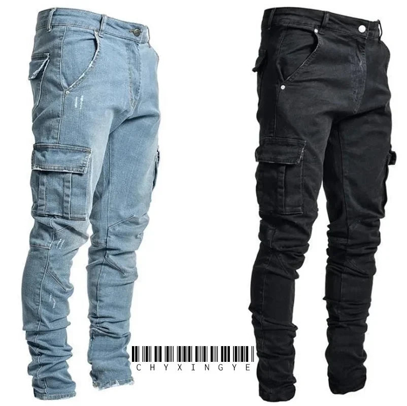Street men's denim work pants washed solid color multi pocket casual mid waist pants slim fit daily wear jogging pants
