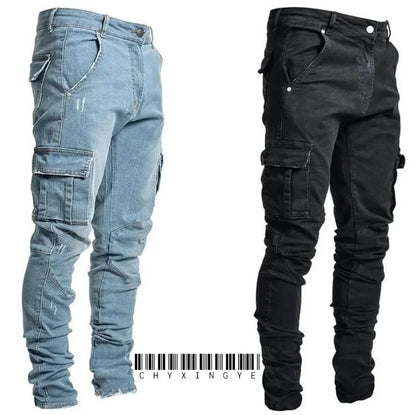 Street men's denim work pants washed solid color multi pocket casual mid waist pants slim fit daily wear jogging pants