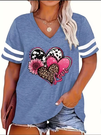 2024 Plus Size Spring/Summer New Love Print Casual Fashion Women's V-Neck Short-Sleeved Loose T-Shirt 5XL  6XL