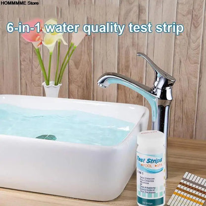 Tiras de prueba de cloro y pH multiusos 6 en 1, 50 unidades por botella, para piscinas y spas.