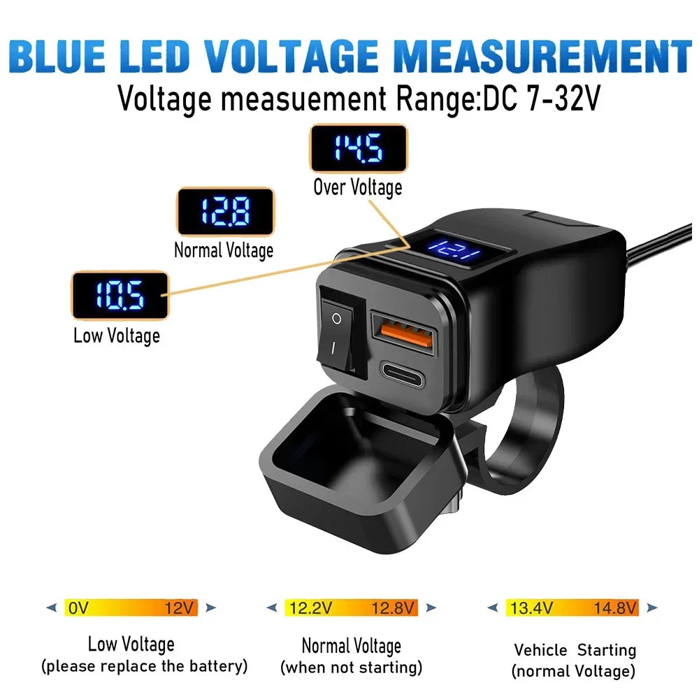 Pd duplo qc3.0 carregamento rápido carregador usb da motocicleta com voltímetro termômetro display digital tomada do carregador do telefone móvel