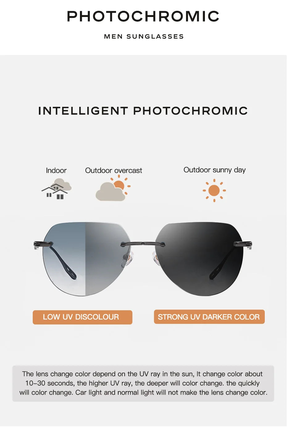Benywoods Design Fashion Rimless Men's Sunglasses Gradient Photochromic UV400 Outdoor Sun Glasses Pure Titanium Eyewear BS23052