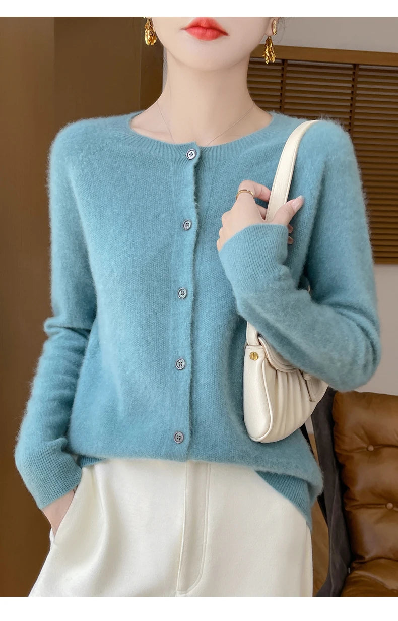 100% Merino Wool Long Sleeve Sweaters Cashmere Cardigan Spring Autumn Women O-Neck Knitwear Tops Clothing Fashion Basic Tops