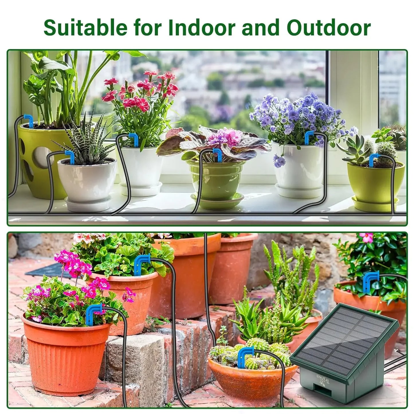 Sistema de riego solar para jardín y balcón. Sistema de riego automático por goteo. Sistema de riego de jardín DIY. Riego por goteo con manguera.
