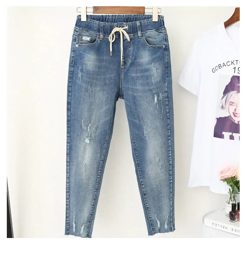 XL-6XL Plus Size jeans for Women Mom Jeans Woman Elastic High Waist Blue BaggyJeans Denim Ripped Jeans Female Harem Pants