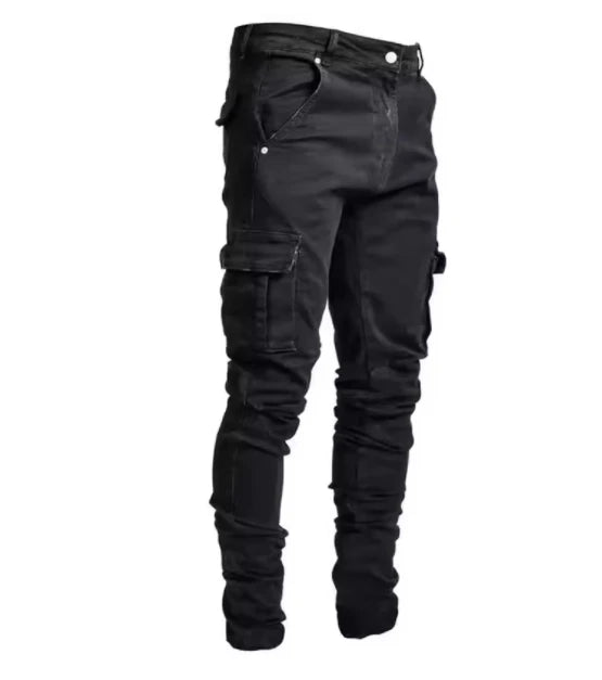 Street men's denim work pants washed solid color multi pocket casual mid waist pants slim fit daily wear jogging pants
