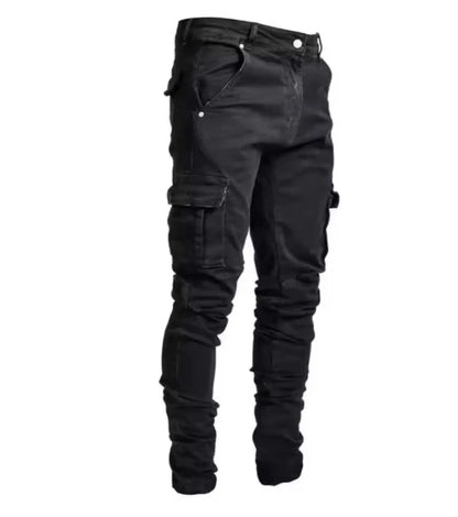 Street men's denim work pants washed solid color multi pocket casual mid waist pants slim fit daily wear jogging pants