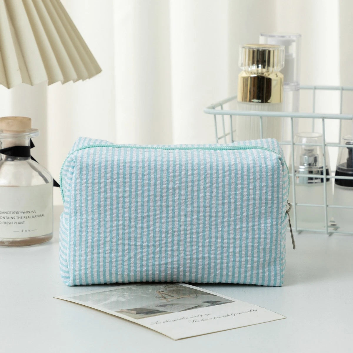Stripe Seersucker Cosmetic Bag Fashion Women Cosmetic Bag Zipper Storage Makeup Case Traveling Pouch Organizer for Lady