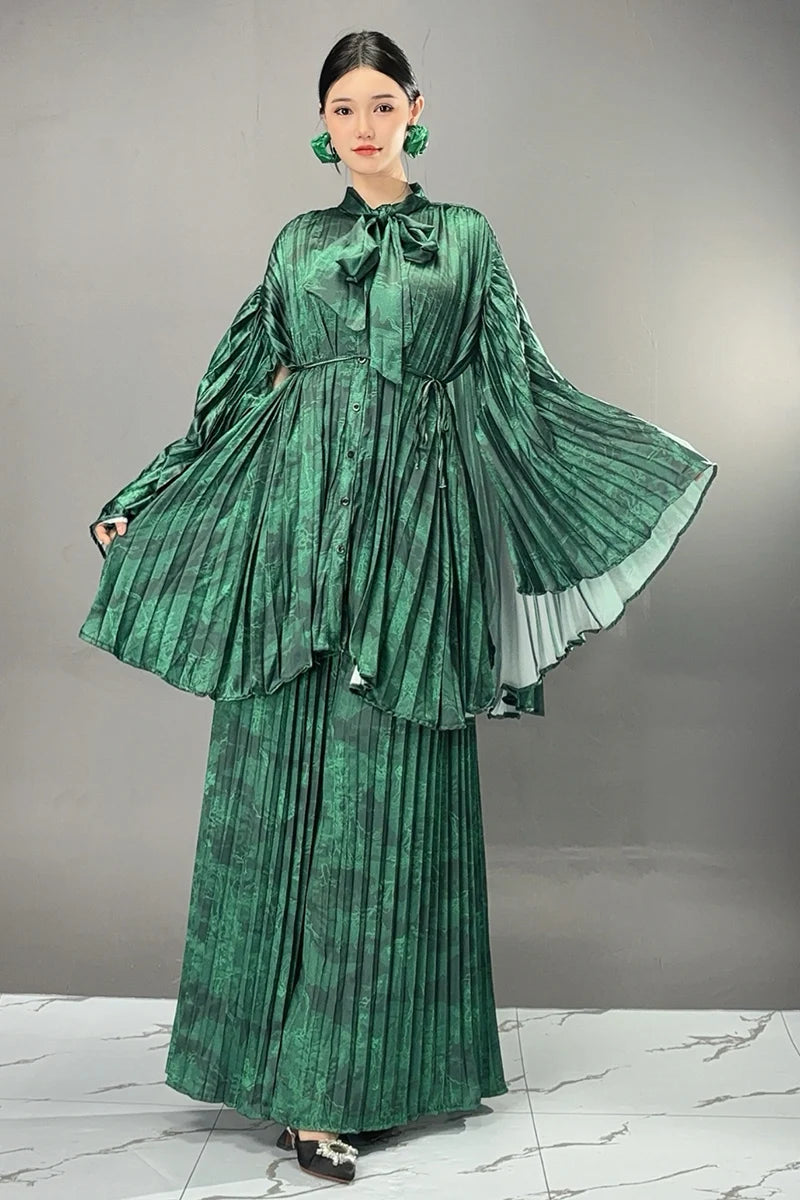 Two Pieces Chinese Style Wide Leg Pants Set Female Full Sleeve Blouse+Matching Trousers Suit Elegant Casual Matching Kit