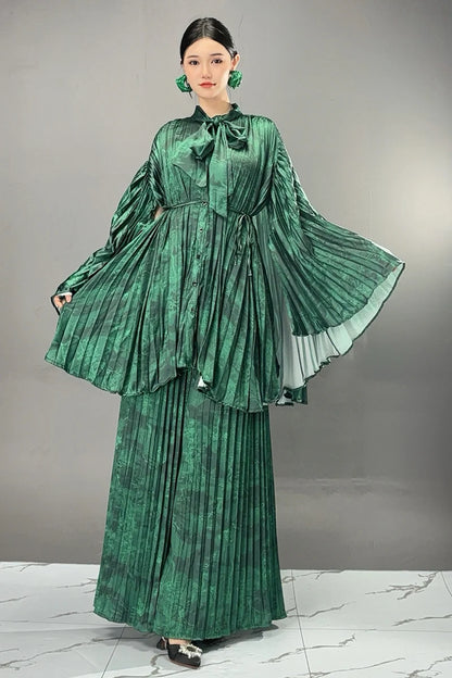 Two Pieces Chinese Style Wide Leg Pants Set Female Full Sleeve Blouse+Matching Trousers Suit Elegant Casual Matching Kit