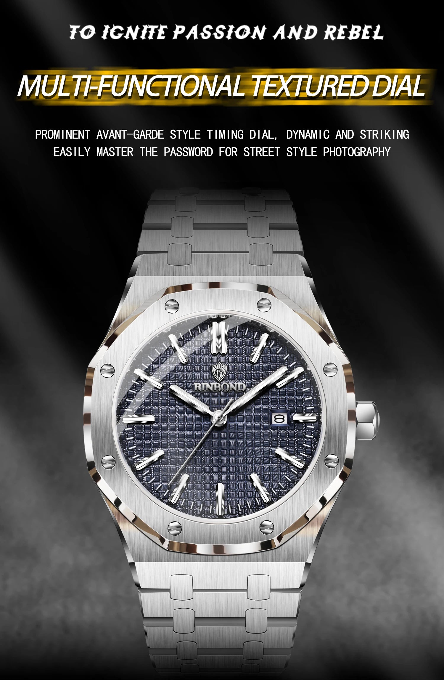 BINBOND Sturdy Stainless Steel Strap Quartz Wristwatches for Men Luxury Luminous Waterproof Auto Date Accurate Men's Watch Reloj