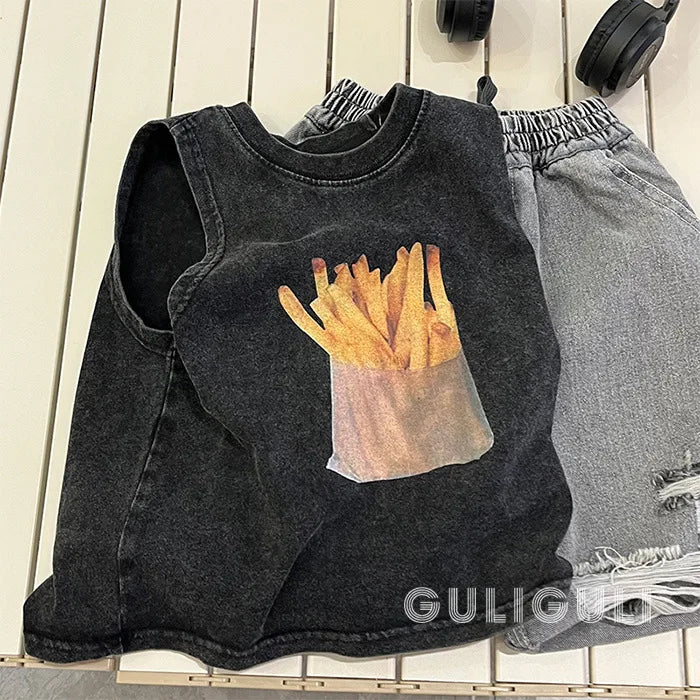 T-shirt Summer Wear Children Clothing Retro Black Cotton Handsome Boys Sleeveless Easy Vest Tide Tops 2024 Fashion Cool