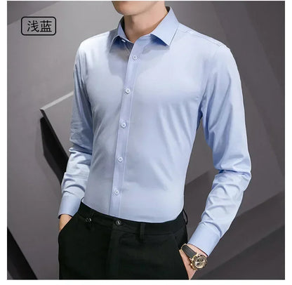New Plus Size 8XL Men Solid Color Business Shirt Long Sleeve Shirt Fashion Classic Basic Casual Slim White Spring Autumn