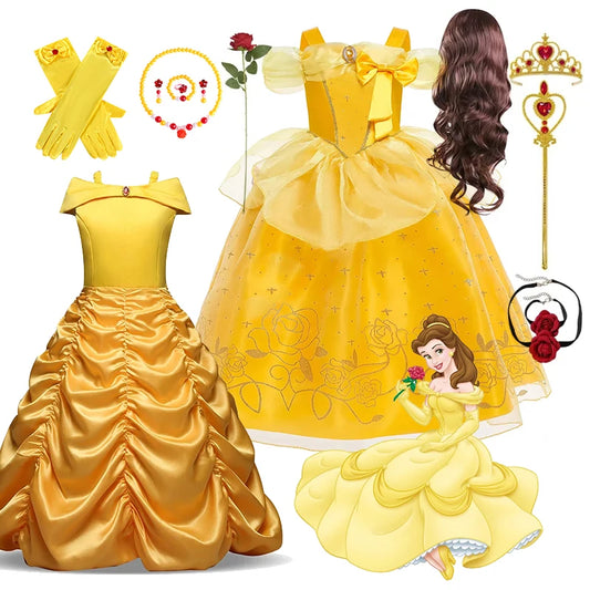 Disney Girls Cosplay Belle Princess Dress for Kids Beauty and The Beast Costumes Children Birthday Party with Flower Clothes