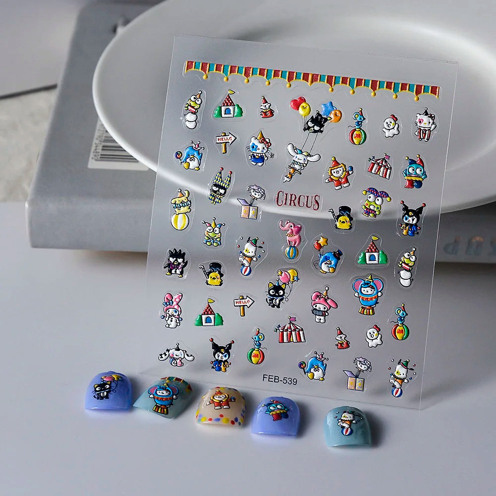 Sanrio Anime 5D Nail Stickers Hello Kitty Kurome Cartoon Stickers Nail Decoration Cute Melody Nail Art Decals Nail Art Supplies