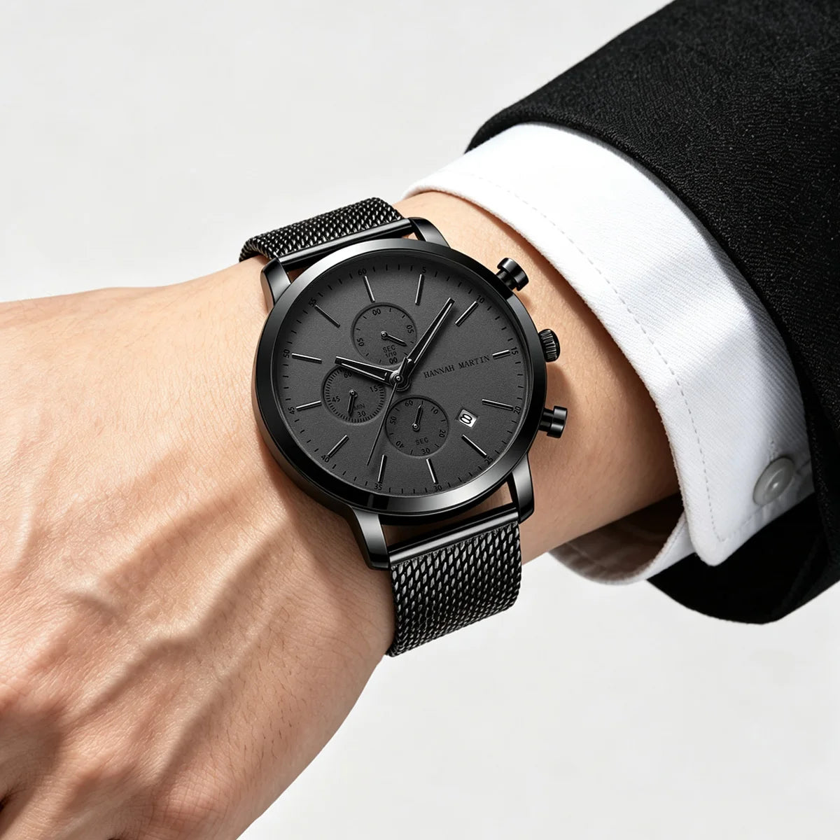 HANNAH MARTIN Brand Men Watch Black Stainless Steel Waterproof Fashion Sports Multifunctional Quartz Wristatch Relogio Masculino