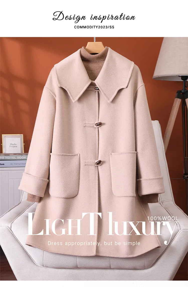 2025 Fashion Large Lapel Horn Button Women's Coat Autumn and Winter New Double-Sided Woolen 100%Pure Wool Warm Coat Large Pocket