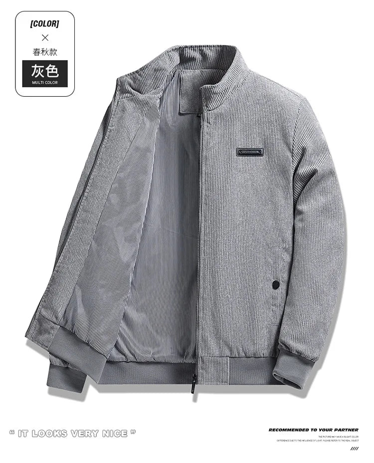 2024 Men's Casual Warm Jacket Spring Autumn Solid Color Stand Bomber Coat Men Corduroy Outwear Fashion Zipper Slim Jacket Men