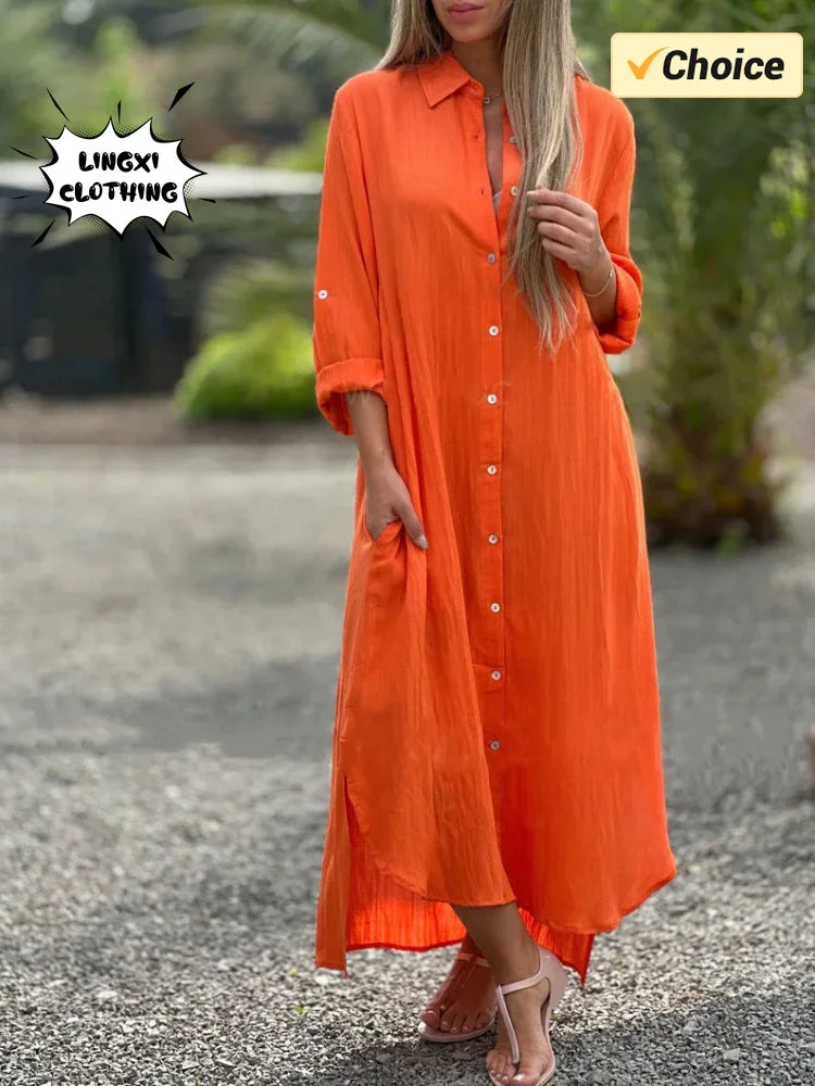 Vestido longo de algodão e cânhamo feminino, camisa elegante, manga longa casual, estilo praia, plus size, verão, novo