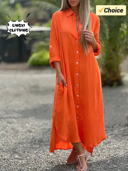 Vestido longo de algodão e cânhamo feminino, camisa elegante, manga longa casual, estilo praia, plus size, verão, novo