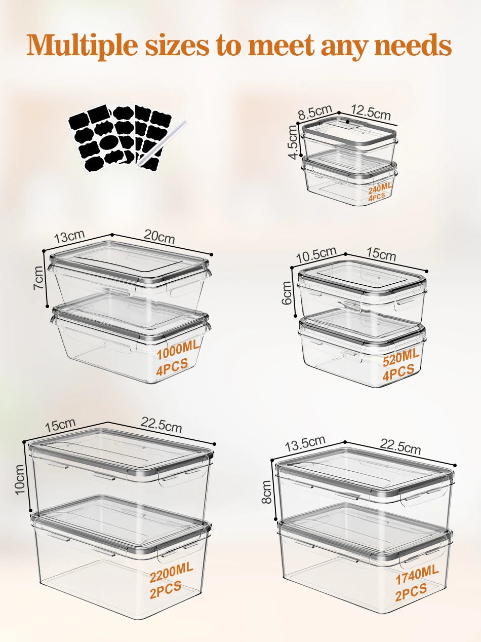 Food Storage Containers with Lids, Freezer Food Boxes, Lunchboxes, 16-piece set, 32 items (16 Containers, 16 Lids), 2200ml, 1740ml, 1000ml, 520ml, 240ml