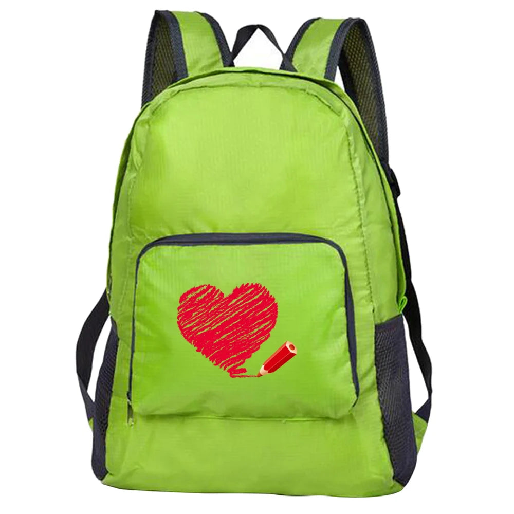 Outdoor Travel Lightweight Portable Foldable Backpack Love Print Folding Green Bag Ultralight Pack for Women Men Hiking Daypack