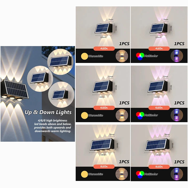 4/6/8LED Solar Wall Spotlight Outdoor Upper And Lower Lighting Solar Powered Waterproof Streetlight for Balcony Courtyard Garden