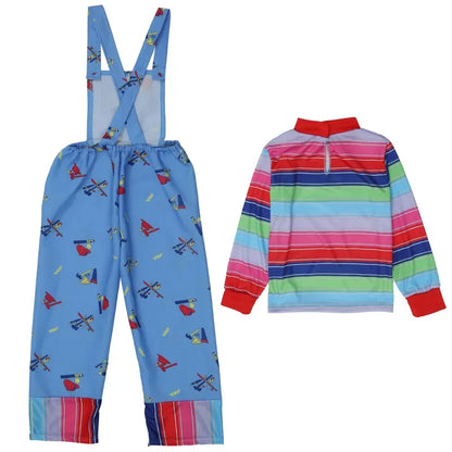 Disfraz de Chucky para Halloween, pantalones con pechera para niños, incluye mono, disfraz de terror de Halloween, regalo, pegatinas de cicatrices