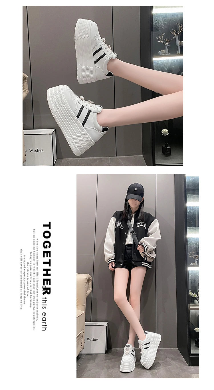 8cm Leather Flats Casual Dad Shoes Chunky Sneakers 2025 Women Platform Sports Shoes Ladies Skateboard Hidden Heels Shoes Tennis