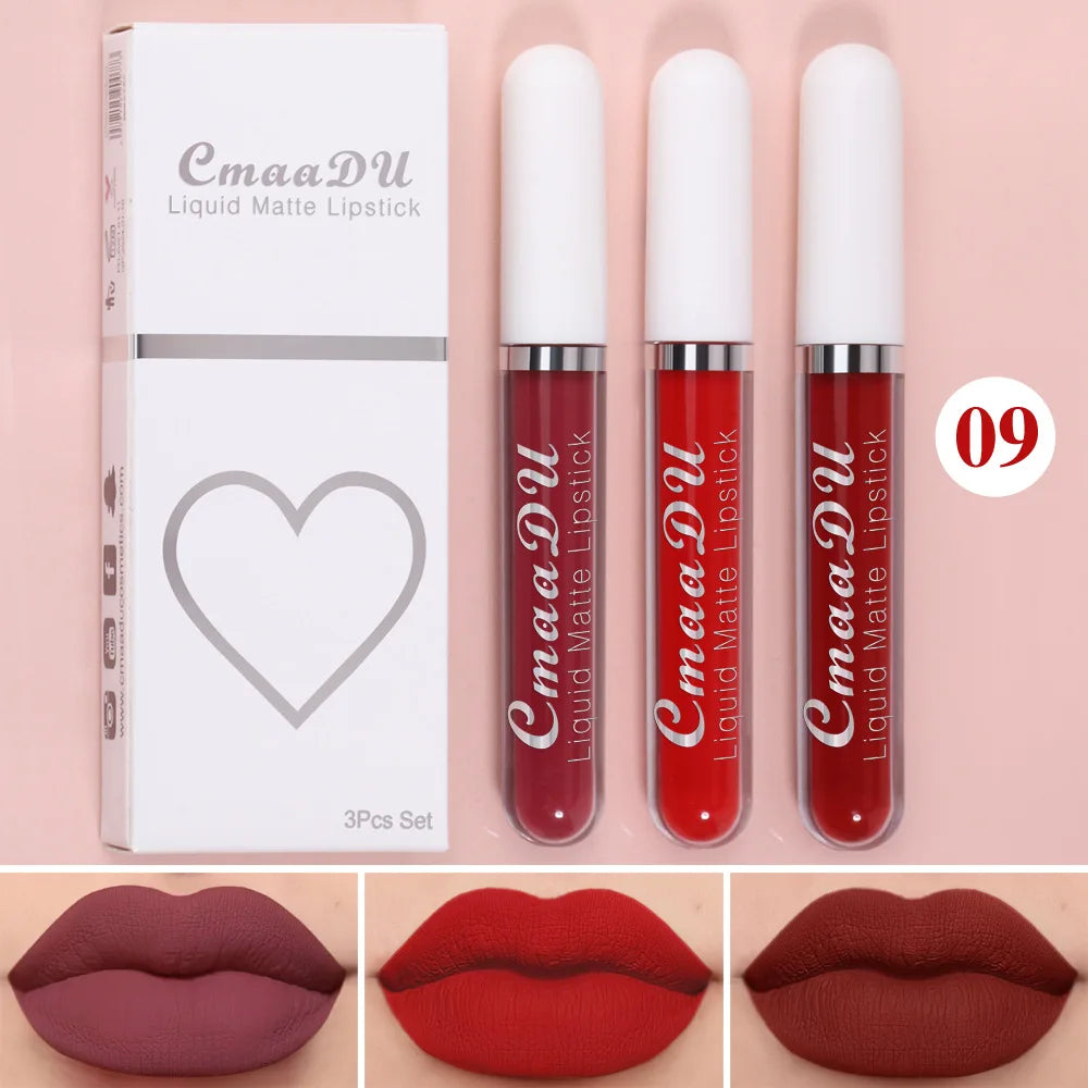 Juego de 3 brillos labiales de terciopelo mate, resistentes al agua, de larga duración, líquidos, cosméticos, maquillaje que dura 24 horas.